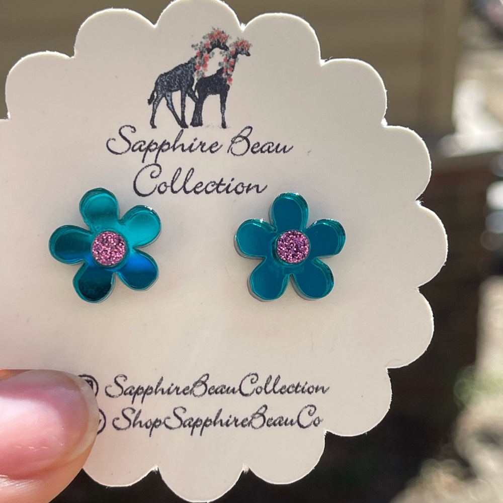 Aqua Blue Flower Stud Earrings
